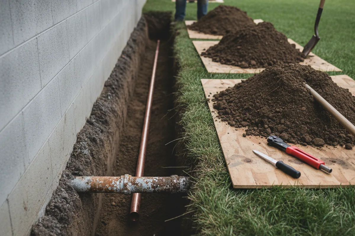 Excavated water line trench during Sewer Line Repair in Dellroy
